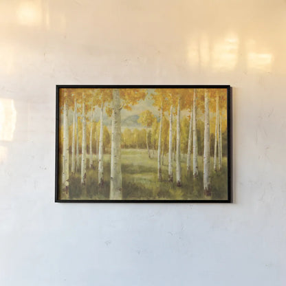 Aspen Birches by Danhui Nai. shown as a paper print in a black flame. Available as a archival giclee rolled canvas, fine art paper, or poster print. SKU 9390i.