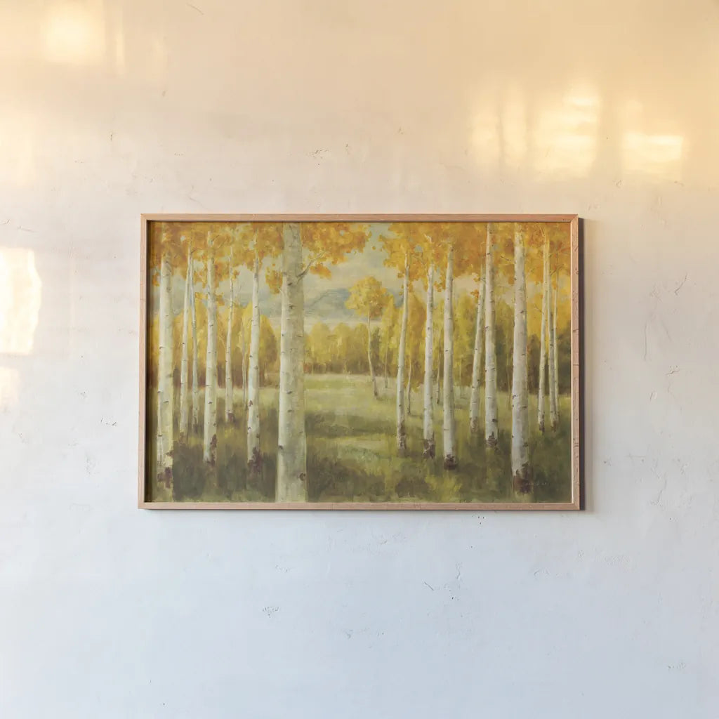 Aspen Birches by Danhui Nai. shown as a paper print in a natural frame. Available as a archival giclee rolled canvas, fine art paper, or poster print. SKU 9390i.