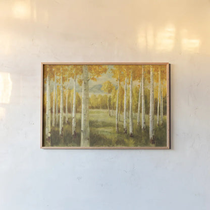 Aspen Birches by Danhui Nai. shown as a paper print in a natural frame. Available as a archival giclee rolled canvas, fine art paper, or poster print. SKU 9390i.