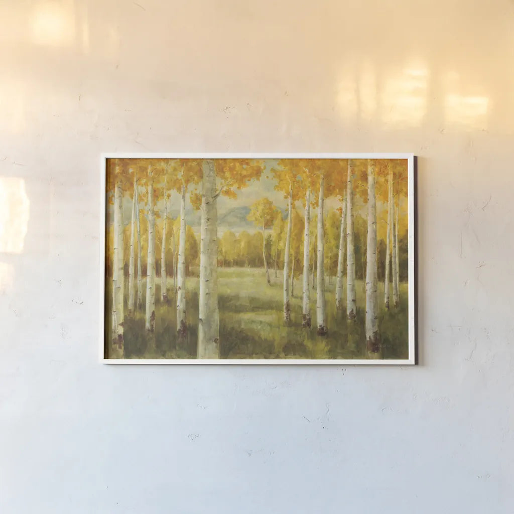Aspen Birches by Danhui Nai. shown as a paper print in a white frame. Available as a archival giclee rolled canvas, fine art paper, or poster print. SKU 9390i.