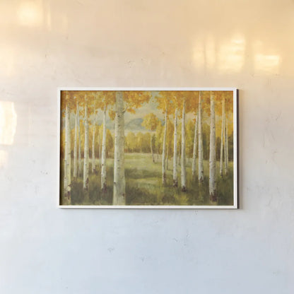 Aspen Birches by Danhui Nai. shown as a paper print in a white frame. Available as a archival giclee rolled canvas, fine art paper, or poster print. SKU 9390i.
