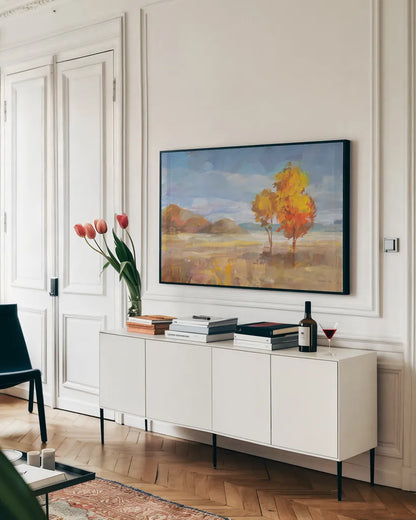 Aspen Meadow by Danhui Nai. shown as a framed stretched canvas in a living room above a console. Available as a archival giclee rolled canvas, fine art paper, or poster print. SKU 68072i.