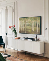 Aspens Neutral by Danhui Nai. shown as a framed stretched canvas in a living room above a console. Available as a archival giclee rolled canvas, fine art paper, or poster print. SKU 46152i.