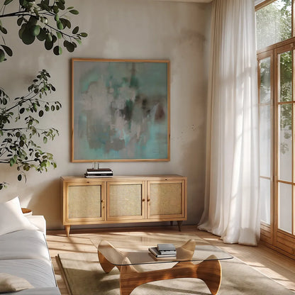 Aurora by Danhui Nai. Shown in a natural wood frame in a cozy modern living room. Available as an archival giclee rolled canvas, fine art paper, or poster print. SKU 79462a.