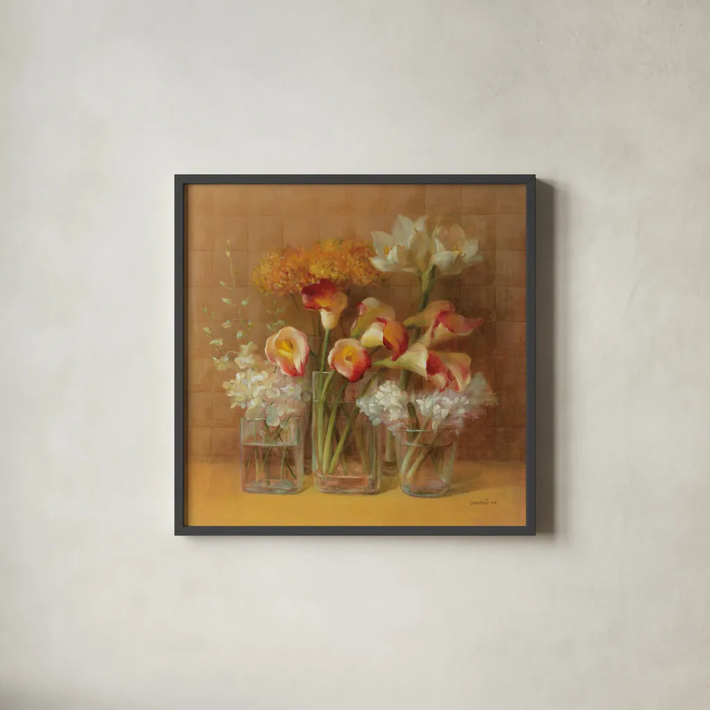 Autumn Elegance by Danhui Nai. Shown in a sleek black glass frame for a contemporary gallery look. Available as an archival giclee rolled canvas, fine art paper, or poster print. SKU 5300a.