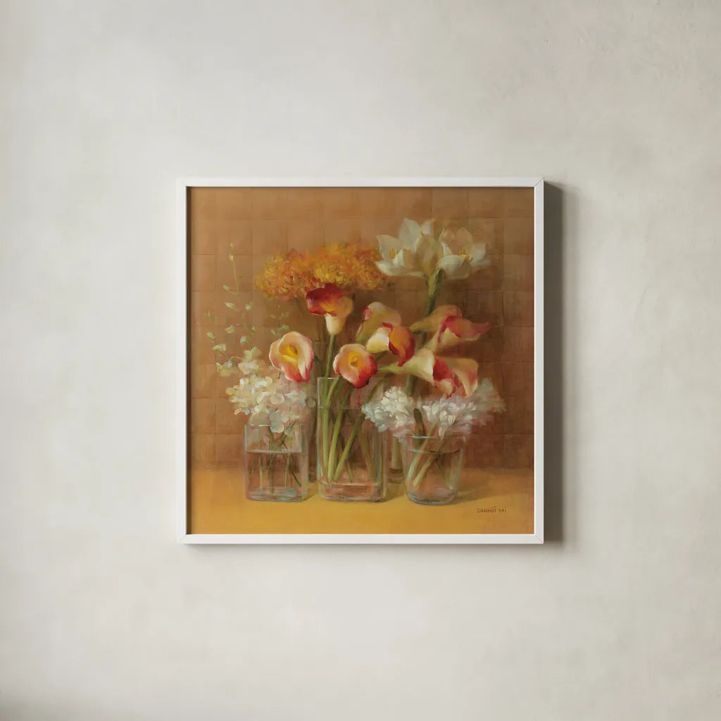 Autumn Elegance by Danhui Nai. Shown in a crisp white glass frame for a clean and minimalist style. Available as an archival giclee rolled canvas, fine art paper, or poster print. SKU 5300a.