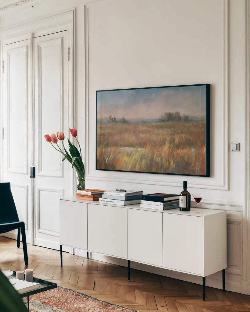 Autumn Fields by Danhui Nai. shown as a framed stretched canvas in a living room above a console. Available as a archival giclee rolled canvas, fine art paper, or poster print. SKU 68350i.
