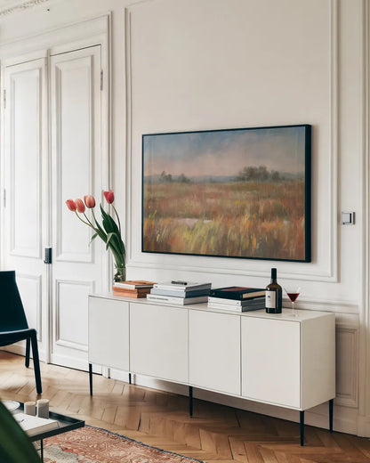 Autumn Fields by Danhui Nai. shown as a framed stretched canvas in a living room above a console. Available as a archival giclee rolled canvas, fine art paper, or poster print. SKU 68350i.