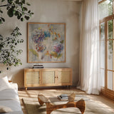 Autumn Hydrangea I by Danhui Nai. Shown in a natural wood frame in a cozy modern living room. Available as an archival giclee rolled canvas, fine art paper, or poster print. SKU 17998a.