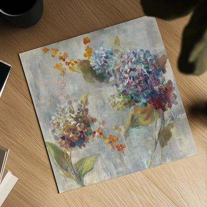 Autumn Hydrangea II by Danhui Nai. Shown as a detailed flat fine art print, highlighting archival giclee quality. Available as an archival giclee rolled canvas, fine art paper, or poster print. SKU 17999a.
