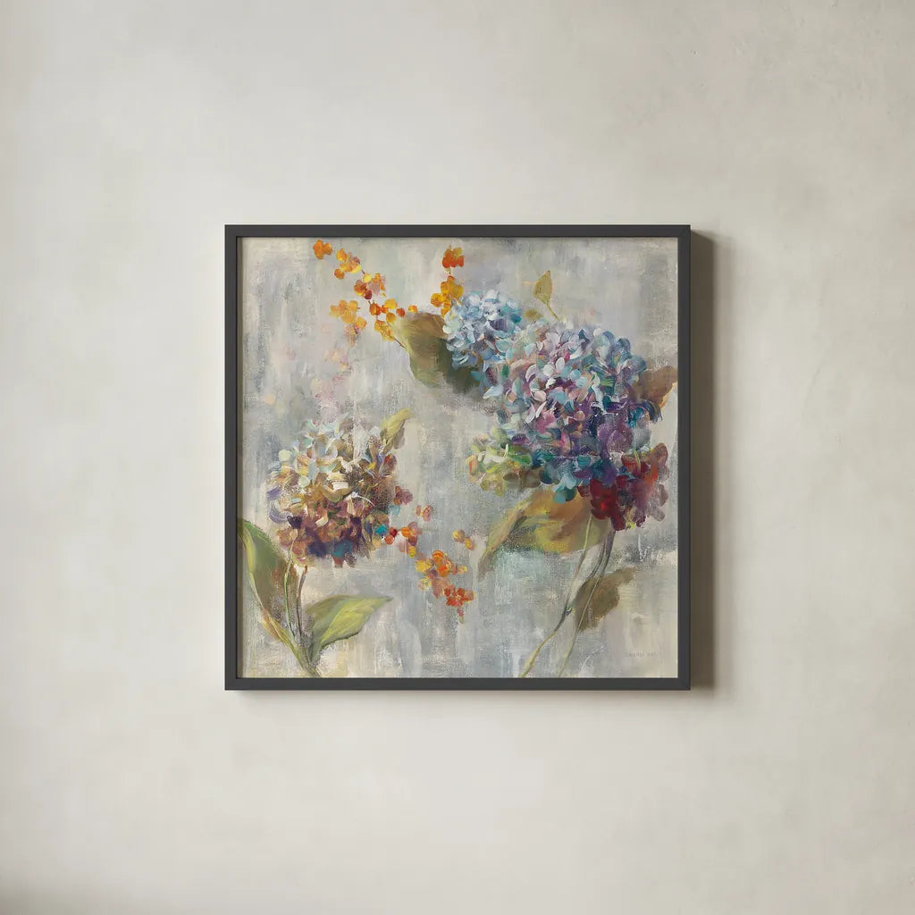 Autumn Hydrangea II by Danhui Nai. Shown in a sleek black glass frame for a contemporary gallery look. Available as an archival giclee rolled canvas, fine art paper, or poster print. SKU 17999a.