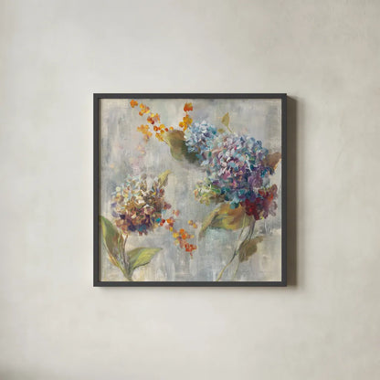 Autumn Hydrangea II by Danhui Nai. Shown in a sleek black glass frame for a contemporary gallery look. Available as an archival giclee rolled canvas, fine art paper, or poster print. SKU 17999a.