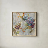Autumn Hydrangea II by Danhui Nai. Shown in a natural wood glass frame for a timeless modern aesthetic. Available as an archival giclee rolled canvas, fine art paper, or poster print. SKU 17999a.