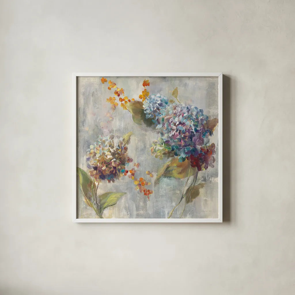 Autumn Hydrangea II by Danhui Nai. Shown in a crisp white glass frame for a clean and minimalist style. Available as an archival giclee rolled canvas, fine art paper, or poster print. SKU 17999a.