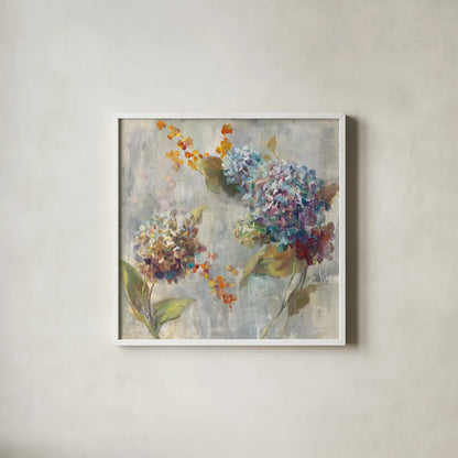 Autumn Hydrangea II by Danhui Nai. Shown in a crisp white glass frame for a clean and minimalist style. Available as an archival giclee rolled canvas, fine art paper, or poster print. SKU 17999a.