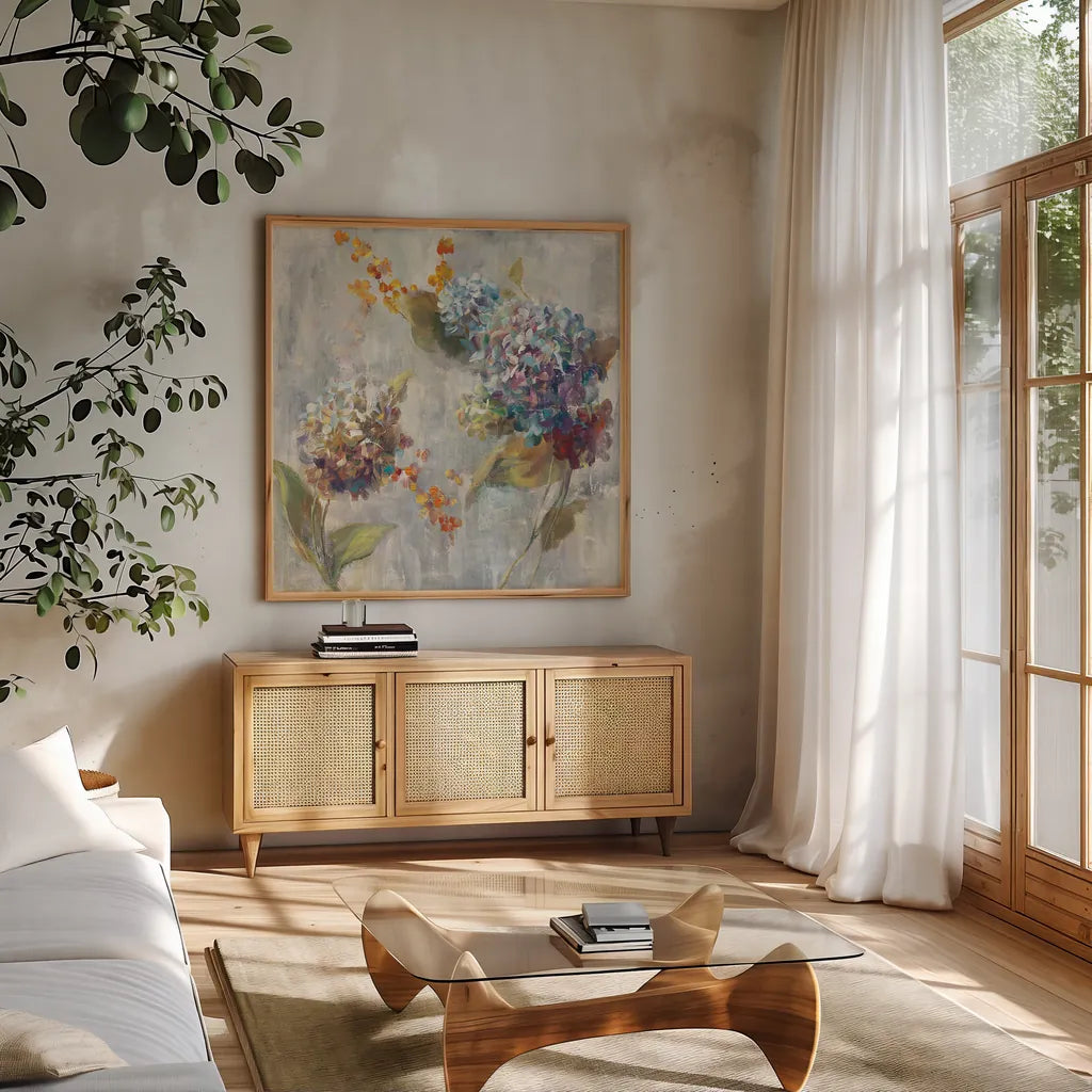 Autumn Hydrangea II by Danhui Nai. Shown in a natural wood frame in a cozy modern living room. Available as an archival giclee rolled canvas, fine art paper, or poster print. SKU 17999a.