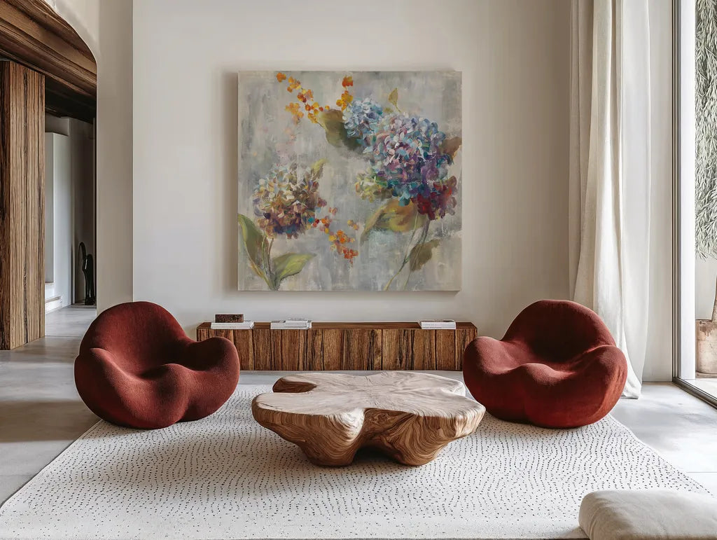 Autumn Hydrangea II by Danhui Nai. Shown as extra-large giant wall art in a modern living room. Available as an archival giclee rolled canvas, fine art paper, or poster print. SKU 17999a.