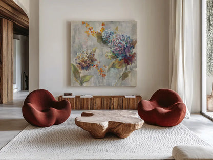 Autumn Hydrangea II by Danhui Nai. Shown as extra-large giant wall art in a modern living room. Available as an archival giclee rolled canvas, fine art paper, or poster print. SKU 17999a.