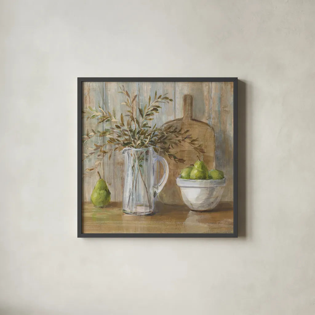 Autumn Kitchen v2 Sq by Danhui Nai. Shown in a sleek black glass frame for a contemporary gallery look. Available as an archival giclee rolled canvas, fine art paper, or poster print. SKU 98755a.