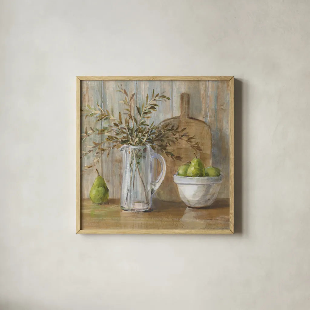 Autumn Kitchen v2 Sq by Danhui Nai. Shown in a natural wood glass frame for a timeless modern aesthetic. Available as an archival giclee rolled canvas, fine art paper, or poster print. SKU 98755a.