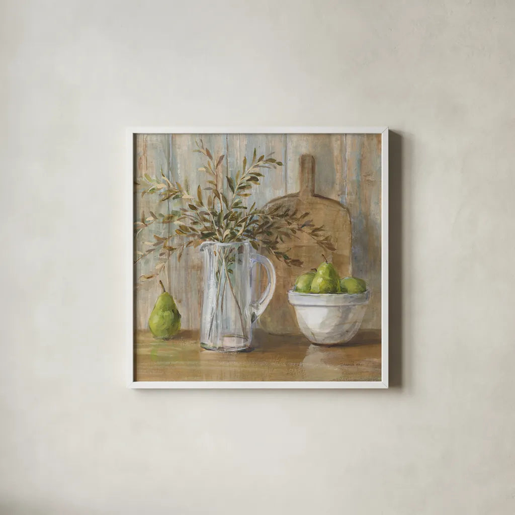 Autumn Kitchen v2 Sq by Danhui Nai. Shown in a crisp white glass frame for a clean and minimalist style. Available as an archival giclee rolled canvas, fine art paper, or poster print. SKU 98755a.