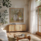 Autumn Kitchen v2 Sq by Danhui Nai. Shown in a natural wood frame in a cozy modern living room. Available as an archival giclee rolled canvas, fine art paper, or poster print. SKU 98755a.