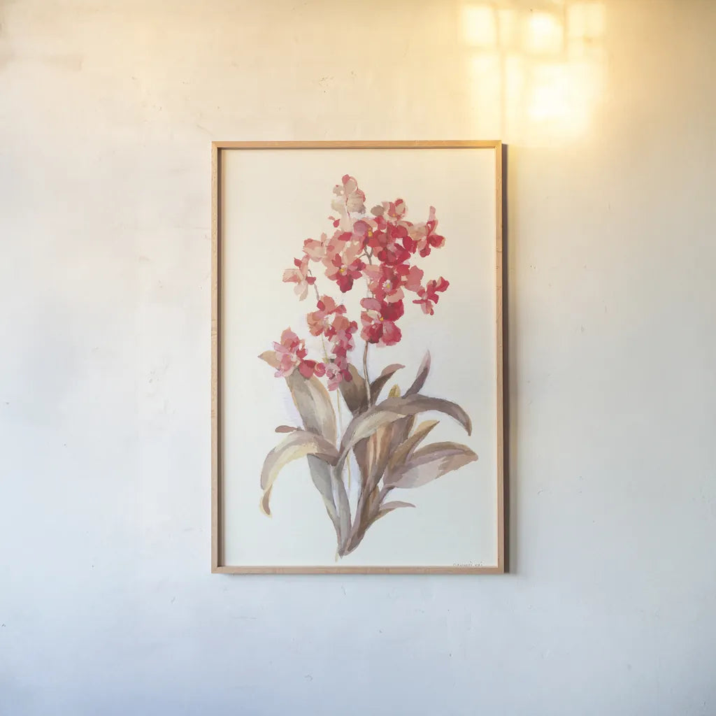 Autumn Orchid I by Danhui Nai. shown as a paper print in a natural frame. Available as a archival giclee rolled canvas, fine art paper, or poster print. SKU 75559h.