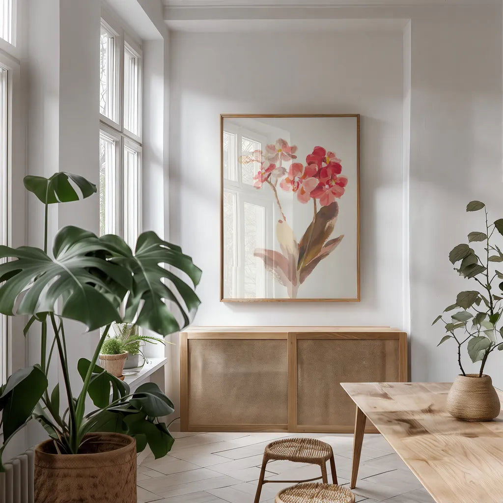 Autumn Orchid II by Danhui Nai. shown as a print in a natural wood frame in a dining room. Available as a archival giclee rolled canvas, fine art paper, or poster print. SKU 75560h.