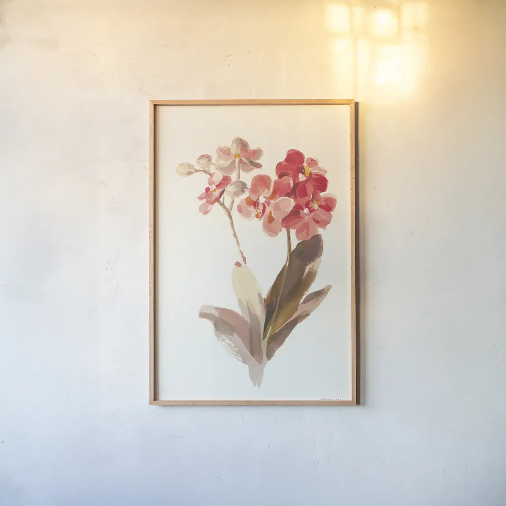 Autumn Orchid II by Danhui Nai. shown as a paper print in a natural frame. Available as a archival giclee rolled canvas, fine art paper, or poster print. SKU 75560h.
