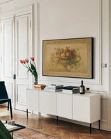 Autumn Urn by Danhui Nai. shown as a framed stretched canvas in a living room above a console. Available as a archival giclee rolled canvas, fine art paper, or poster print. SKU 5182i.