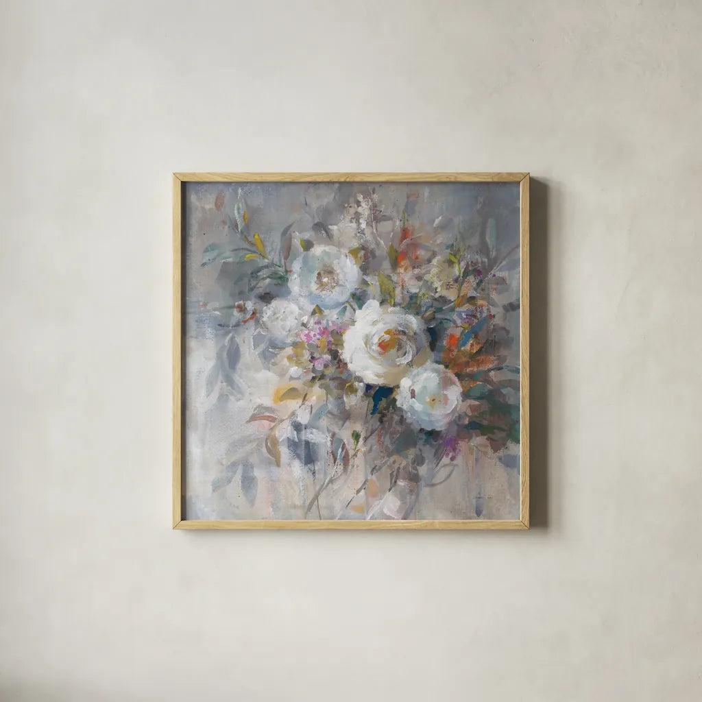 Autumn in Bloom by Danhui Nai. Shown in a natural wood glass frame for a timeless modern aesthetic. Available as an archival giclee rolled canvas, fine art paper, or poster print. SKU 66240a.
