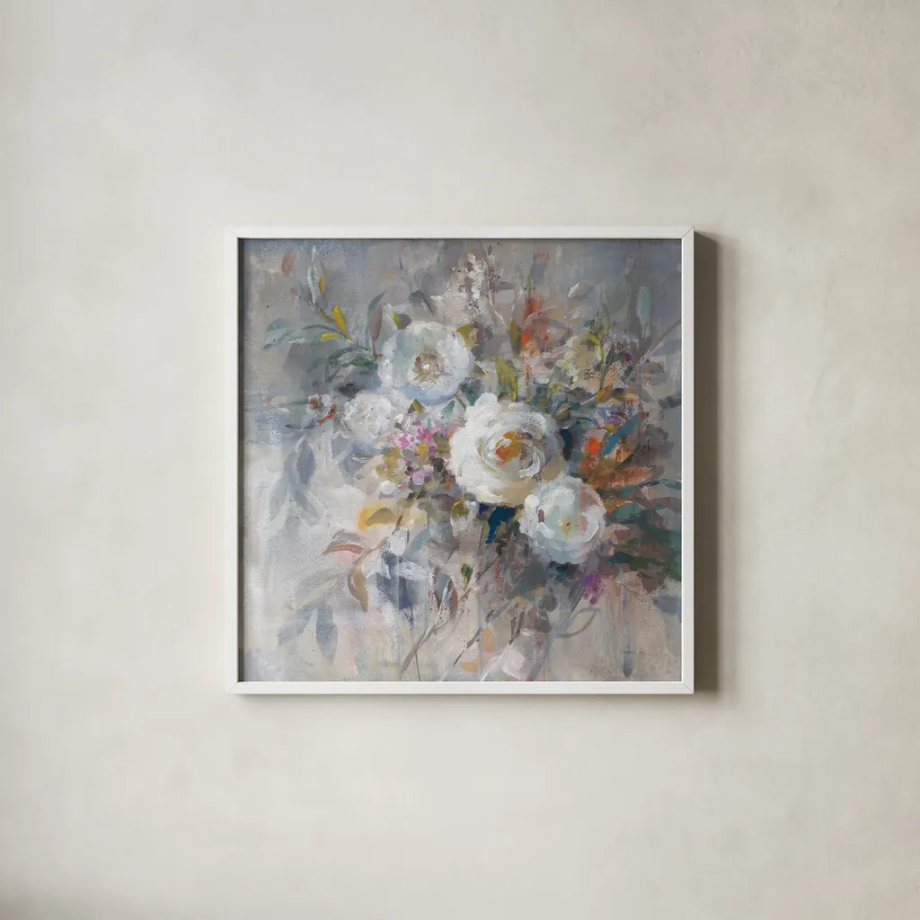 Autumn in Bloom by Danhui Nai. Shown in a crisp white glass frame for a clean and minimalist style. Available as an archival giclee rolled canvas, fine art paper, or poster print. SKU 66240a.