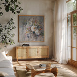 Autumn in Bloom by Danhui Nai. Shown in a natural wood frame in a cozy modern living room. Available as an archival giclee rolled canvas, fine art paper, or poster print. SKU 66240a.