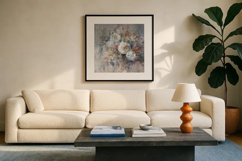 Autumn in Bloom by Danhui Nai. Displayed in a glass frame with matte in a clean modern living room. Available as an archival giclee rolled canvas, fine art paper, or poster print. SKU 66240a.