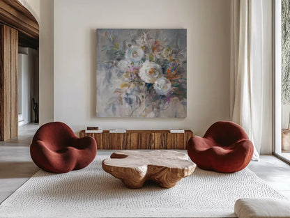 Autumn in Bloom by Danhui Nai. Shown as extra-large giant wall art in a modern living room. Available as an archival giclee rolled canvas, fine art paper, or poster print. SKU 66240a.