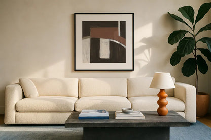 Balancing Act by Danhui Nai. Displayed in a glass frame with matte in a clean modern living room. Available as an archival giclee rolled canvas, fine art paper, or poster print. SKU 85201a.