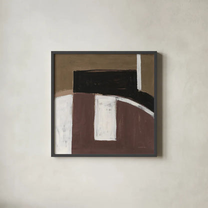 Balancing Act Brown by Danhui Nai. Shown in a sleek black glass frame for a contemporary gallery look. Available as an archival giclee rolled canvas, fine art paper, or poster print. SKU 85457a.