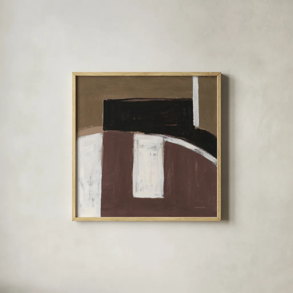 Balancing Act Brown by Danhui Nai. Shown in a natural wood glass frame for a timeless modern aesthetic. Available as an archival giclee rolled canvas, fine art paper, or poster print. SKU 85457a.