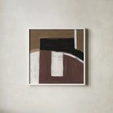 Balancing Act Brown by Danhui Nai. Shown in a crisp white glass frame for a clean and minimalist style. Available as an archival giclee rolled canvas, fine art paper, or poster print. SKU 85457a.