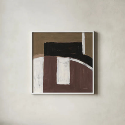 Balancing Act Brown by Danhui Nai. Shown in a crisp white glass frame for a clean and minimalist style. Available as an archival giclee rolled canvas, fine art paper, or poster print. SKU 85457a.