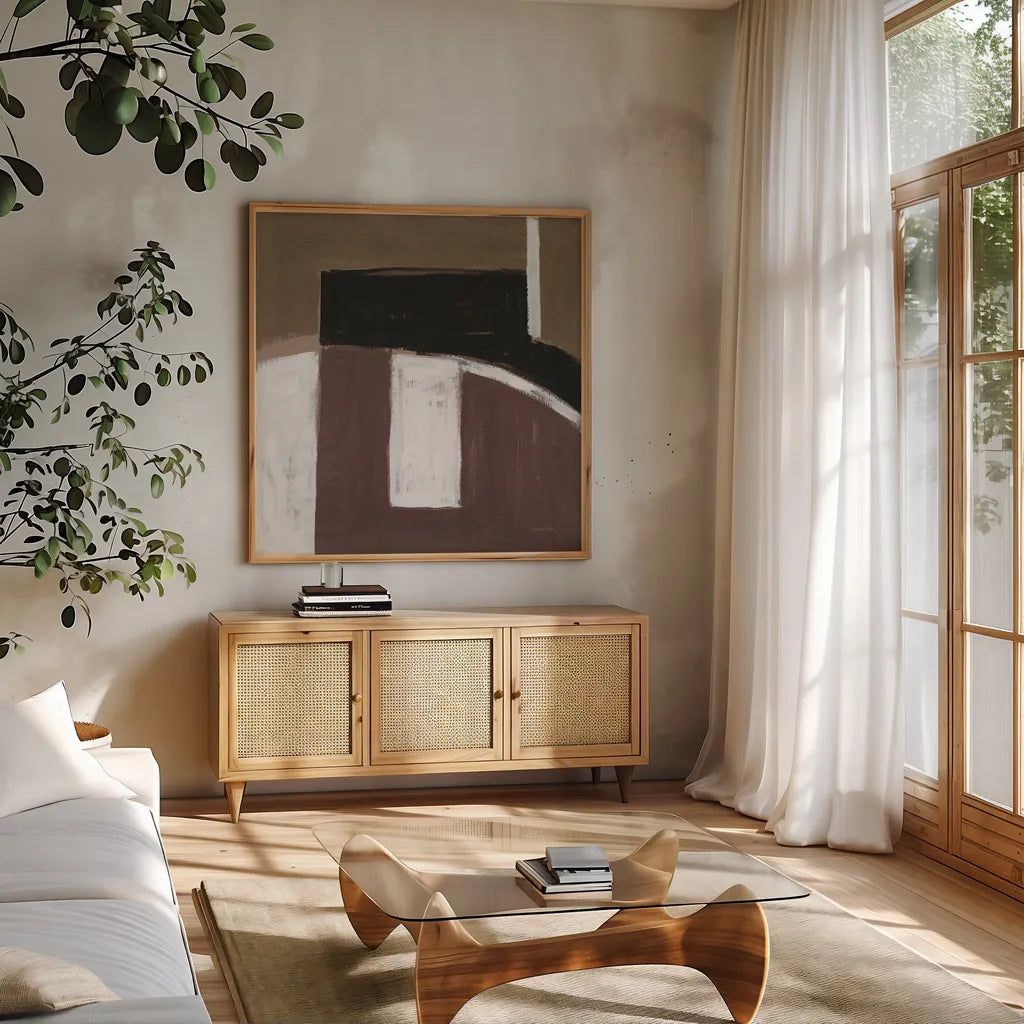 Balancing Act Brown by Danhui Nai. Shown in a natural wood frame in a cozy modern living room. Available as an archival giclee rolled canvas, fine art paper, or poster print. SKU 85457a.