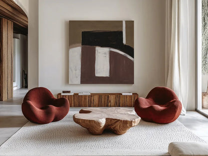 Balancing Act Brown by Danhui Nai. Shown as extra-large giant wall art in a modern living room. Available as an archival giclee rolled canvas, fine art paper, or poster print. SKU 85457a.