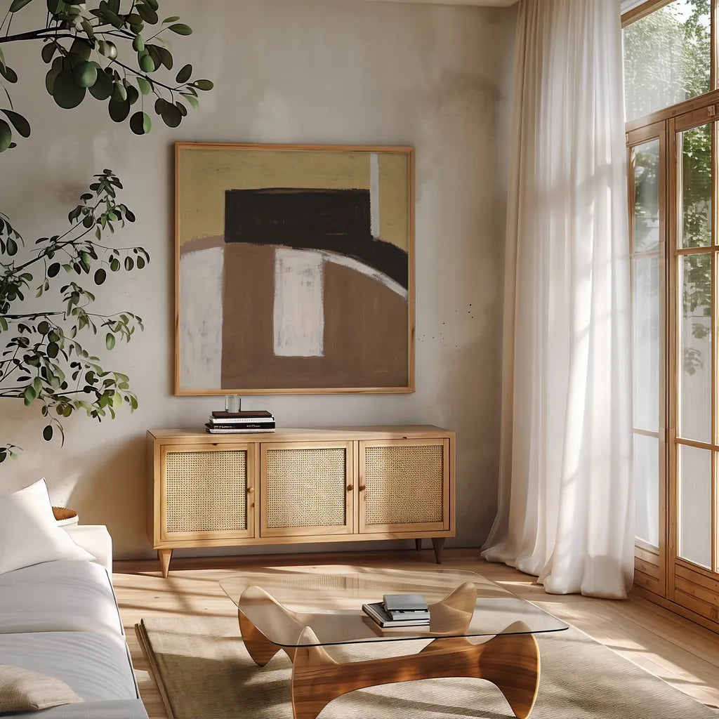 Balancing Act Neutral by Danhui Nai. Shown in a natural wood frame in a cozy modern living room. Available as an archival giclee rolled canvas, fine art paper, or poster print. SKU 90638a.