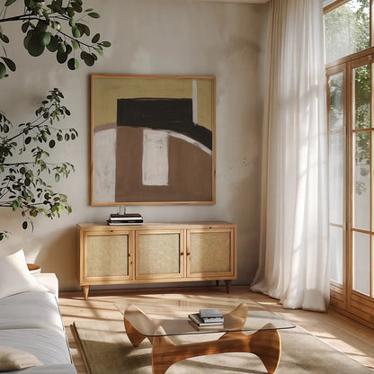 Balancing Act Neutral by Danhui Nai. Shown in a natural wood frame in a cozy modern living room. Available as an archival giclee rolled canvas, fine art paper, or poster print. SKU 90638a.