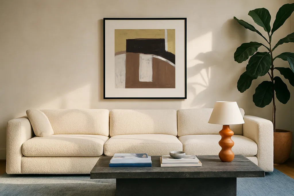 Balancing Act Neutral by Danhui Nai. Displayed in a glass frame with matte in a clean modern living room. Available as an archival giclee rolled canvas, fine art paper, or poster print. SKU 90638a.