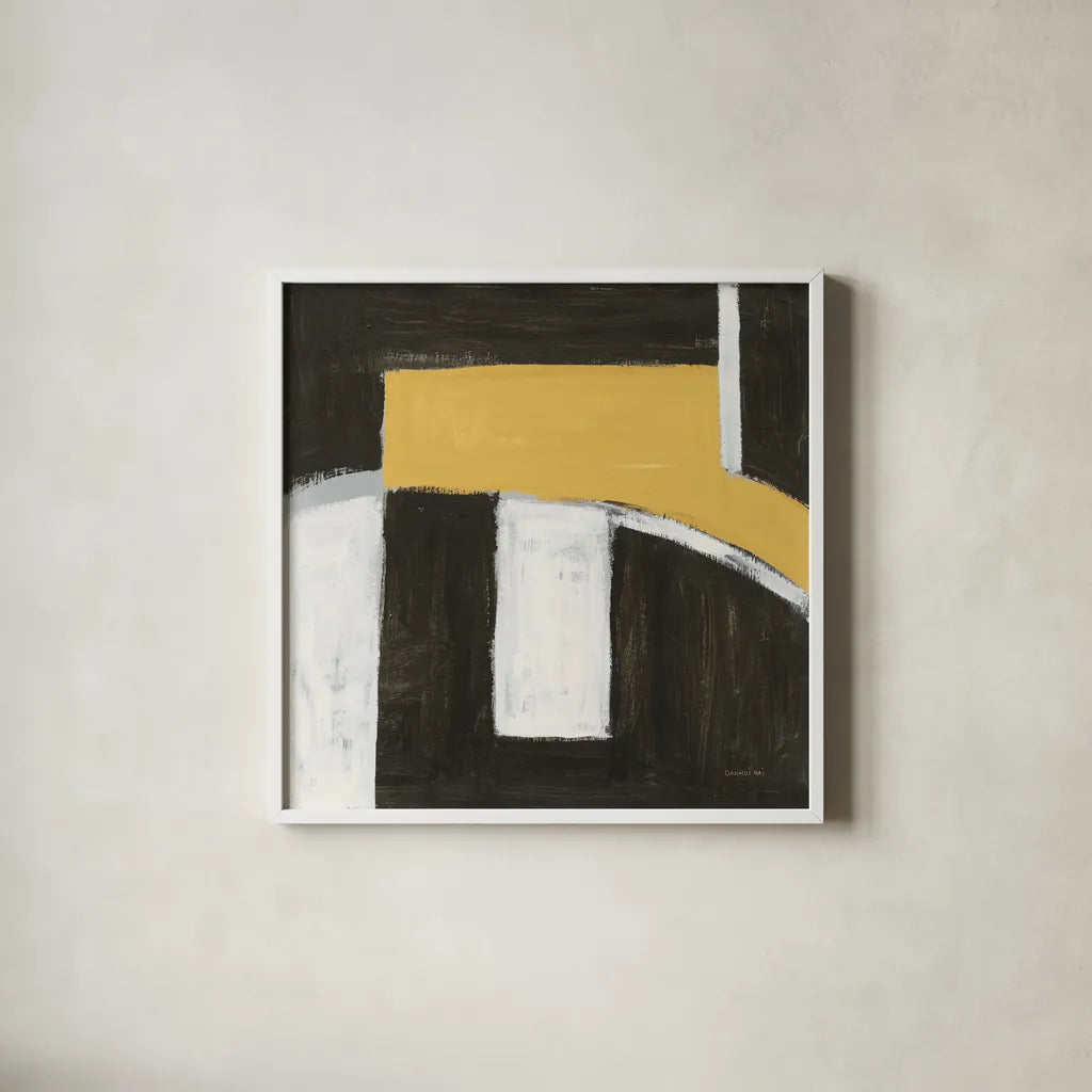 Balancing Act Yellow by Danhui Nai. Shown in a crisp white glass frame for a clean and minimalist style. Available as an archival giclee rolled canvas, fine art paper, or poster print. SKU 88104a.
