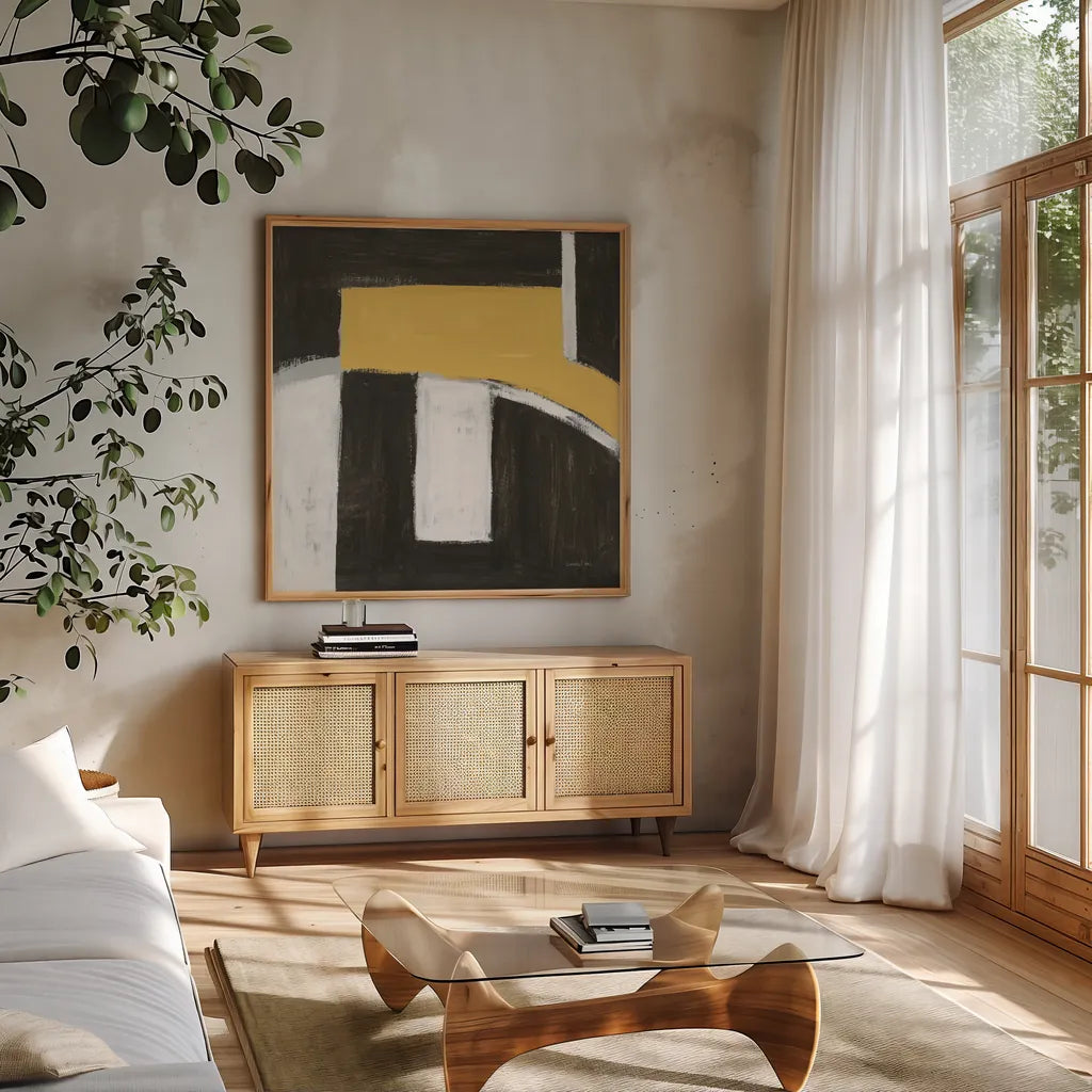 Balancing Act Yellow by Danhui Nai. Shown in a natural wood frame in a cozy modern living room. Available as an archival giclee rolled canvas, fine art paper, or poster print. SKU 88104a.