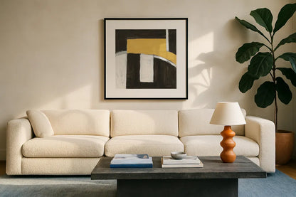 Balancing Act Yellow by Danhui Nai. Displayed in a glass frame with matte in a clean modern living room. Available as an archival giclee rolled canvas, fine art paper, or poster print. SKU 88104a.