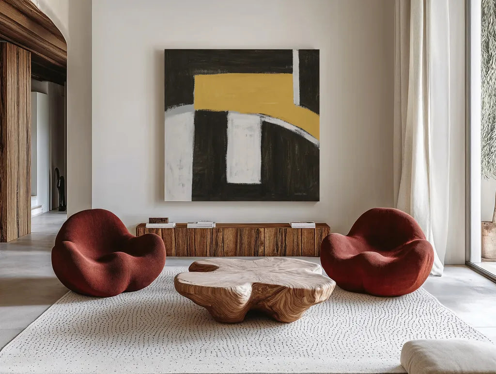 Balancing Act Yellow by Danhui Nai. Shown as extra-large giant wall art in a modern living room. Available as an archival giclee rolled canvas, fine art paper, or poster print. SKU 88104a.