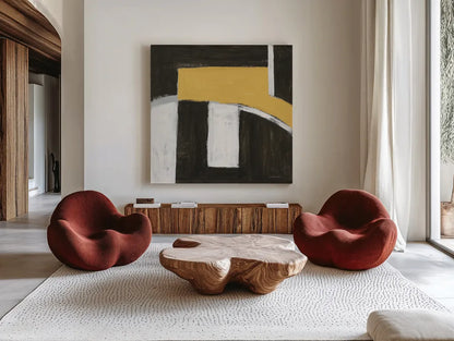 Balancing Act Yellow by Danhui Nai. Shown as extra-large giant wall art in a modern living room. Available as an archival giclee rolled canvas, fine art paper, or poster print. SKU 88104a.